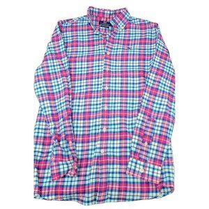 Vineyard Vines Whale Shirt Boys Large (16) Blue Pink Plaid Button Up Long Sleeve